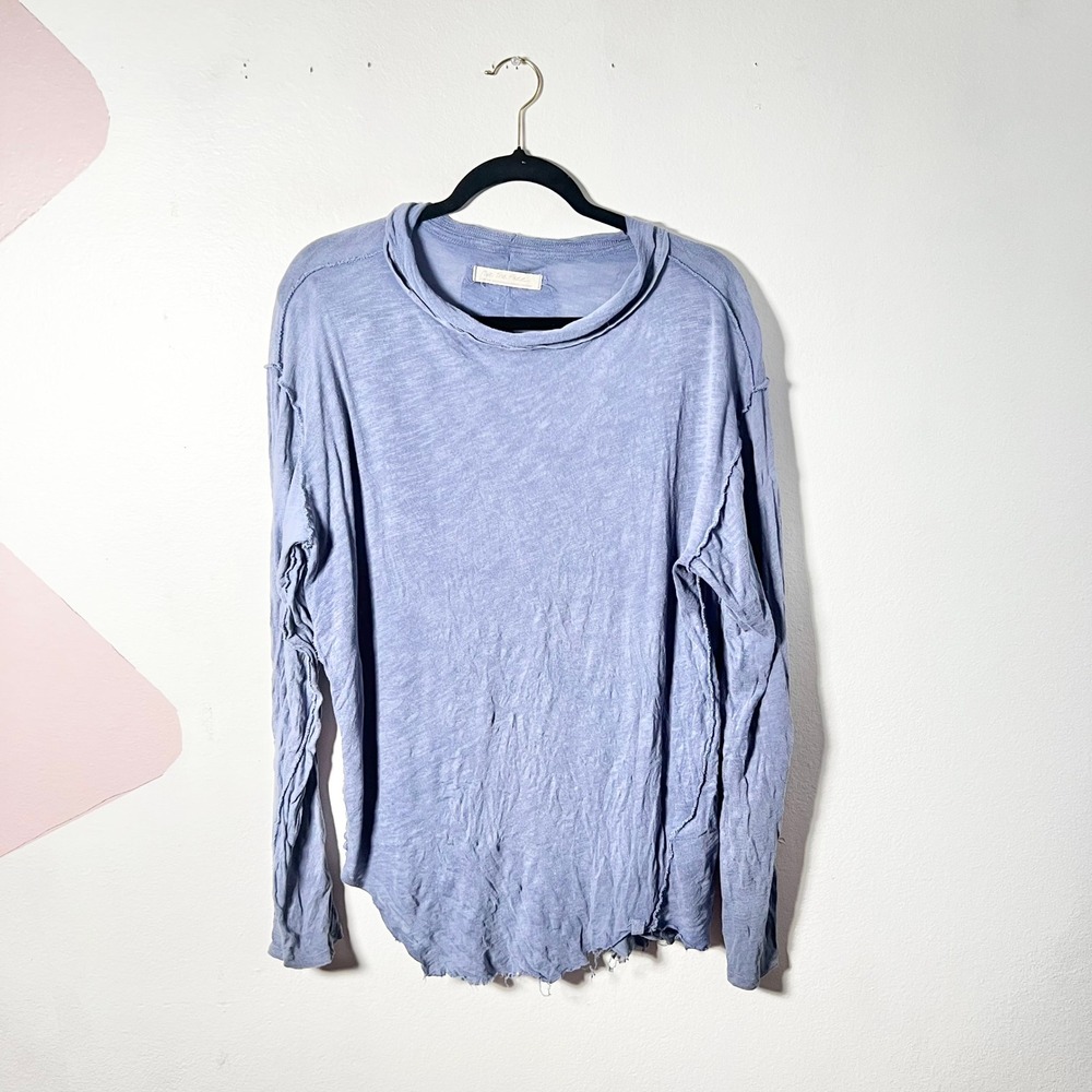 We The Free People Long Sleeve Top Medium Blue Distressed Raw Hem Slub